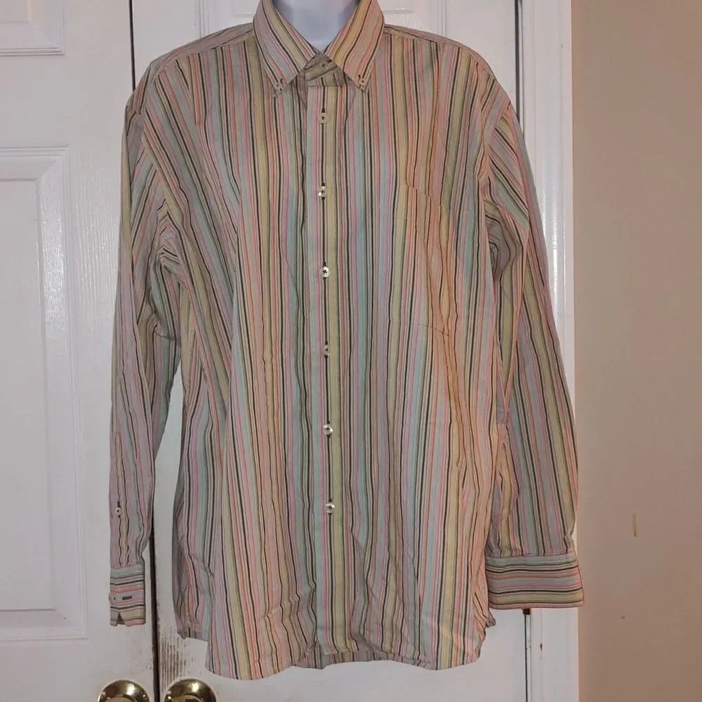 Alan Flusser multicolor stripe button down dress casual shirt Sz L